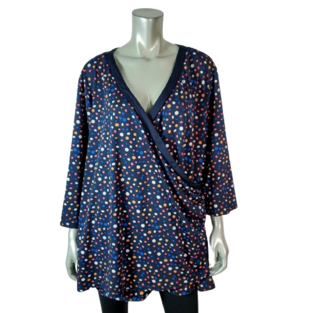 Maggie Barnes Top Plus Size 2X 22/24 Polka Dot Surplice Stretch 3/4 Sleeve‎ Blue